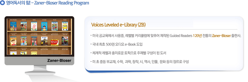 Voices Leveled e-Library (ZB)
                 StoryTap Leveled Library

                 미국 공교육에서 사용중, 레벨별 커리큘럼에 맞추어 제작된 Guided Readers 120년 전통의 Zaner-Bloser 출판사.

                  국내 최초 500권 오디오 e-Book 도입

                 체계적 레벨과 흥미로운 토픽으로 주제별 구성이 된 도서 

                 미 초 중등 부교재, 수학, 과학,창작,시,역사,인물, 문화 등의 장르로 구성